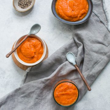 vegan sweet potato sauce in 3 various bowls with spoons