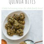 bowl of garlic mushroom quinoa bites next to roast vegetable and yogurt dip