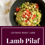 leftover lamb pilaf on black plate
