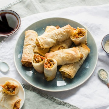 baked Japanese spring rolls on blue plate with two on a small side plate to the left