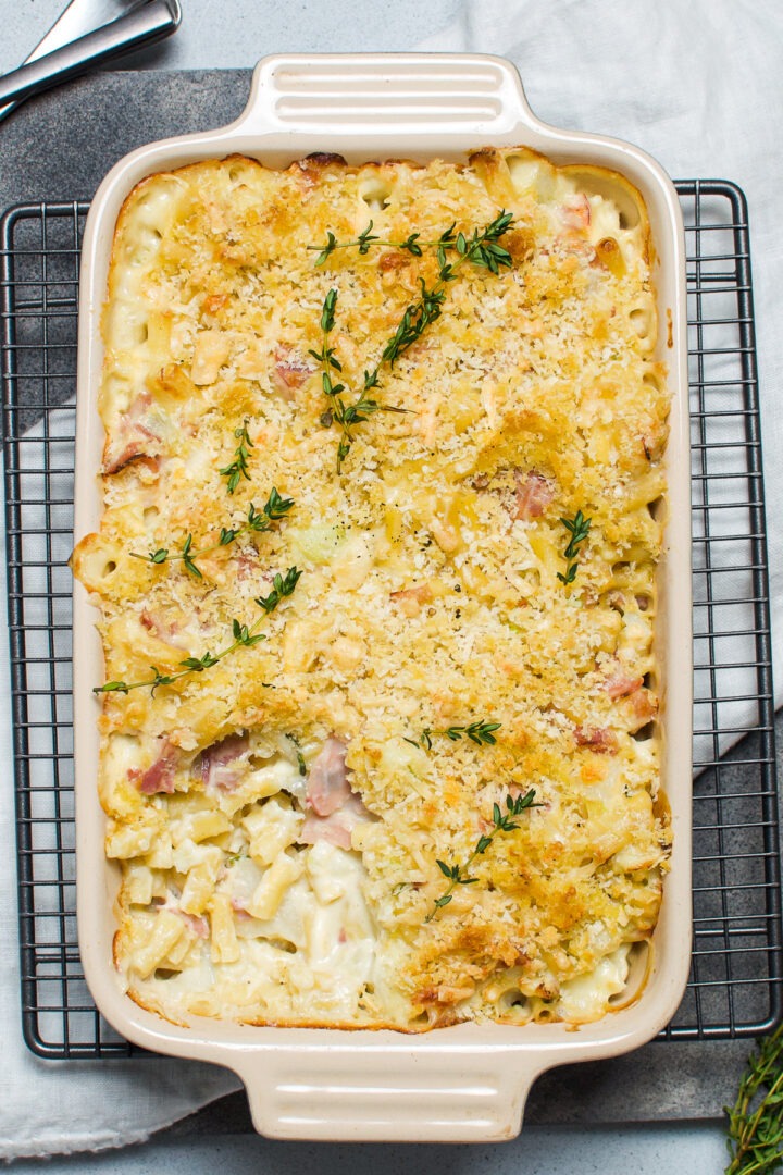 cauliflower mac and cheese in rectangular baking dish with spoonful taken out to show the creamy pasta under the crispy panko breadcrumb topping