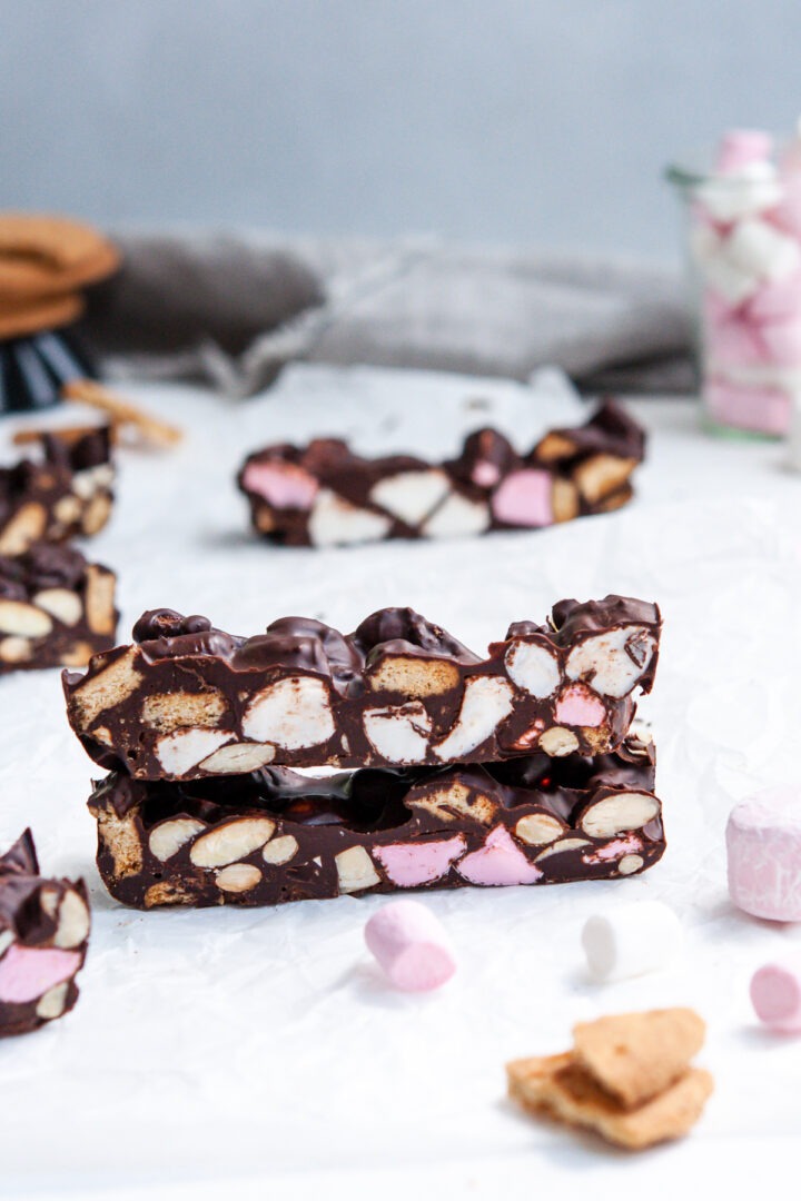 stack or two slices of rocky road to show the pink and white marshmallows and pieces of almond