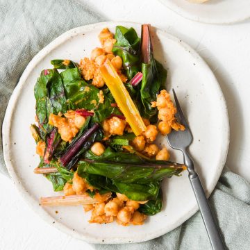 Plate of silverbeet with chickpeas, partially eaten