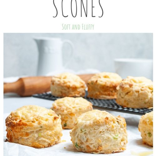 pin for soft and fluffy cheese and onion scones with a side view picture of them