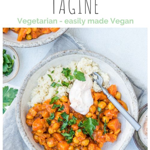 pin for vegetarian chickpea tagine showing one bowl of tagine with couscous and harissa yogurt