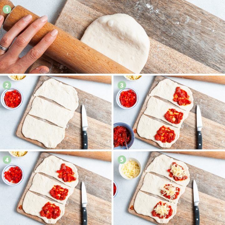 image showing the first five steps to making air fryer pizza rolls: rolling the dough, cutting it, spreading with fillings including tomato sauce and cheese
