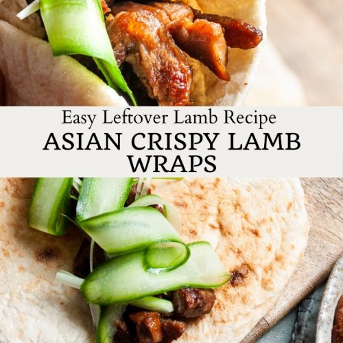 pin for Asian crispy lamb wraps showing rolled up wrap ready to eat and wrap being made