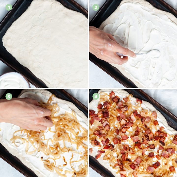 process shots for making the German flatbread: roll out pizza dough, spread yogurt over, sprinkle over cooked onions, top with cooked bacon