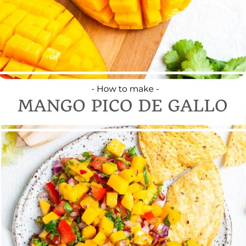 pin for how to make mango pico de gallo, with two images: one of a cut mango, and the other the finished salsa