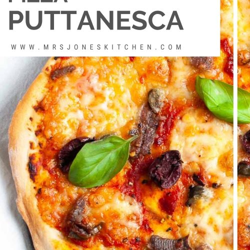 pin for pizza puttanesca showing a close up of the pizza and toppings, sprinkled with fresh basil leaves