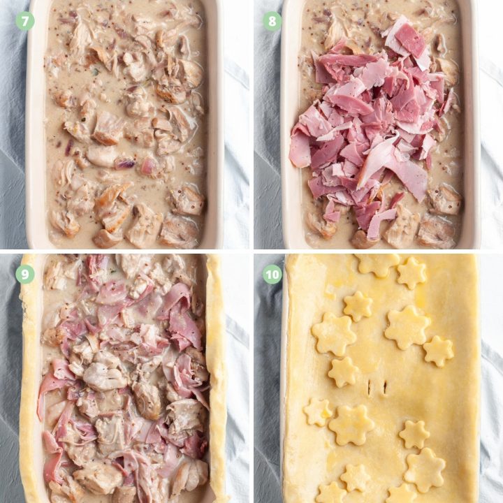 process shots for steps 7-10 showing how to make the chicken ham pie: adding chicken sauce to baking dish, adding cooked shopped ham, lining with pastry, topping with pastry and brushing with egg