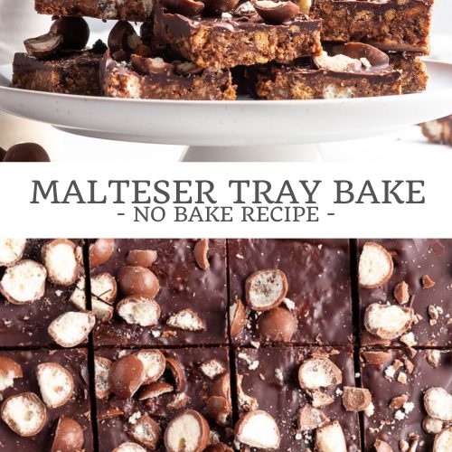 Pin for Malteser tray bake with two images, the top image showing it piled on plate ready to serve, and the bottom image a close up over head photo