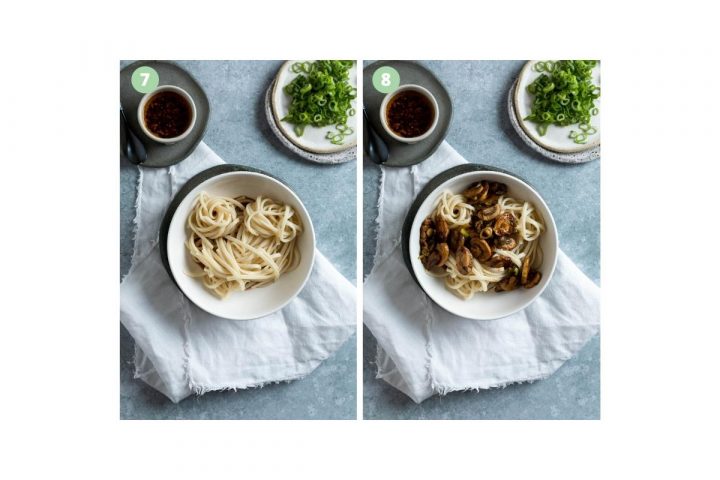 collage of two images showing how to serve the noodles