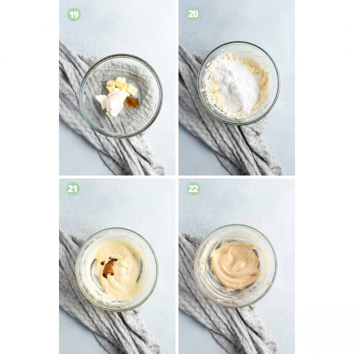 images for steps 19-22, making the coffee icing to go on the scrolls.