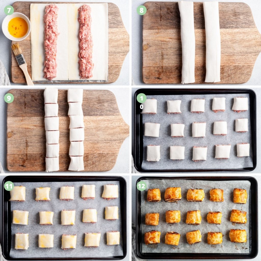 steps 7-12 of how to make honey mustard sausage rolls from scratch: brushing the pastry with egg, rolling, cutting, placing on tray, glazing with beaten egg then baking until golden