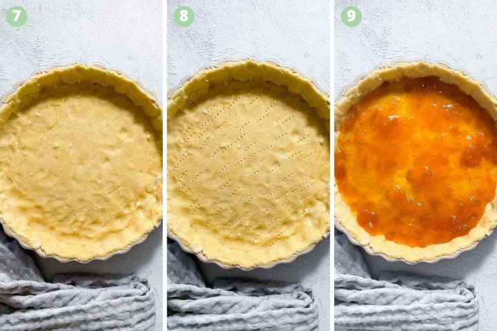 steps 7-9 of making jam tart from scratch: lining round baking tin with pastry, pricking the base, spreading over apricot jam