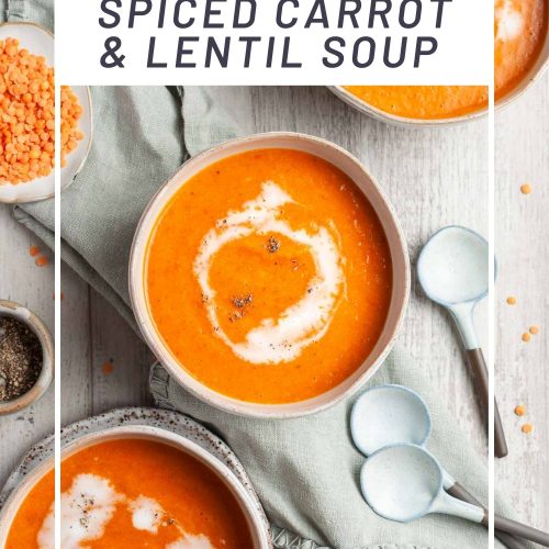 pin for kid approved spiced carrot and lentil soup showing three bowls of soup swirled with coconut milk ready to eat