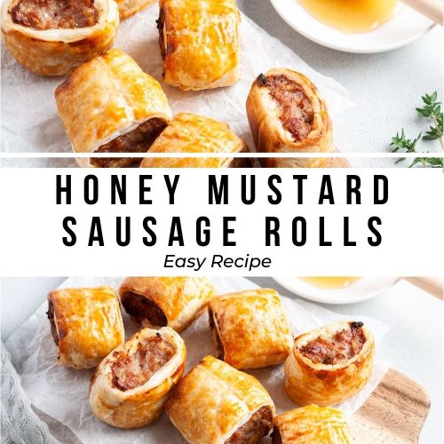 pin for honey mustard sausage rolls, easy recipe, showing two pictures of baked sausage rolls: one on wooden board, the top image shows them on white paper, with a bowl of honey just visible