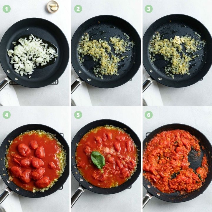 Step by step photo steps of how to make penne pomodoro: fry onion unntil soft, adding garlic, adding tinned tomatoes, breaking the tomatoes up and adding salt and basil stalks, cooking until thick