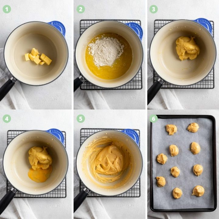 process shots of steps 1-6 showing how to make savoury choux from scratch. Heating butter and water, adding flour, mixing, adding egg, placing on a baking tray