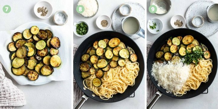 collage of steps 7 - 9 of how to make spaghetti alla nerano: draining zucchini on kitchen roll and seasoning, adding them back to the pan with cooked spaghetti, adding freshly grated parmesan and torn fresh basil