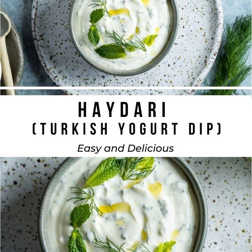 pin for Haydari Turkish yogurt dip showing the dip in a bowl ready to serve, and a close up of it to show the smooth creamy texture