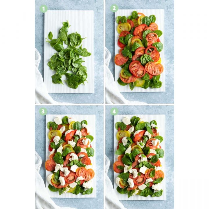 four images in a collage showing how to make caprese salad with spinach: sprinkle baby spinach on a serving plate, add sliced tomatoes, torn mozzarella, and sprinkle over fresh basil leaves