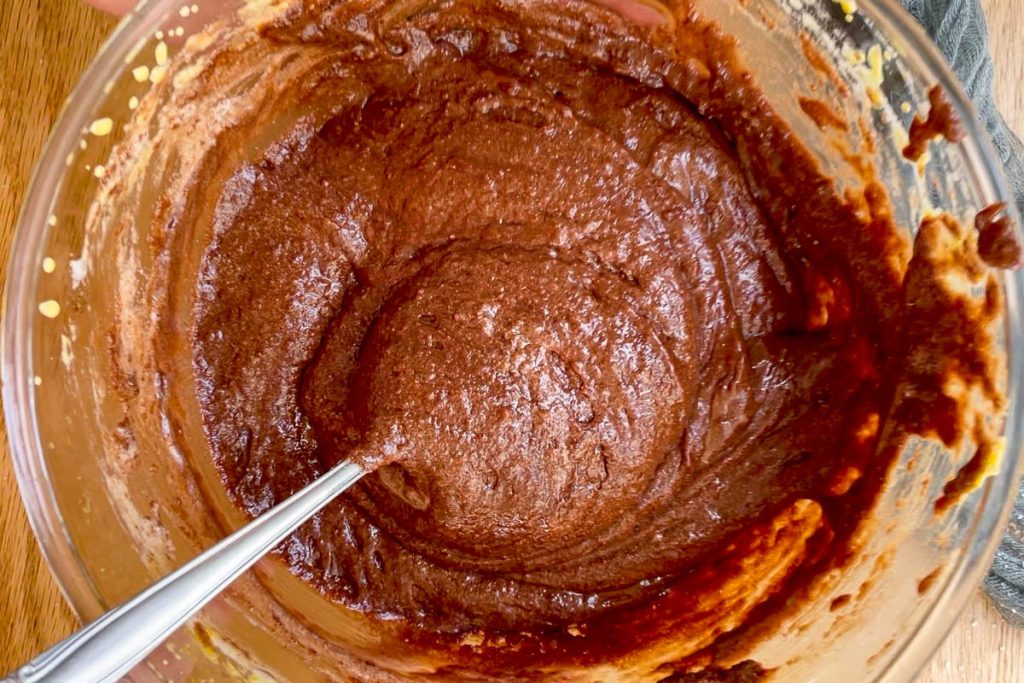The torta caprese batter once the whisked egg yolks and whites and melted chocolate have been combined.