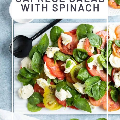 pin for easy and delicious spinach caprese salad showing it served on a white rectangular plate