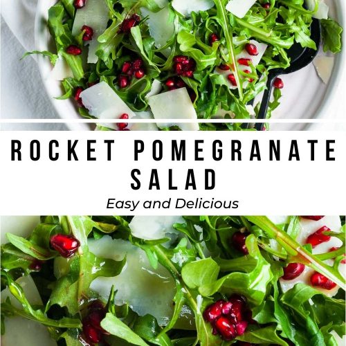 pin for rocket pomegranate salad showing the salad in a serving bowl, and a close up of the salad