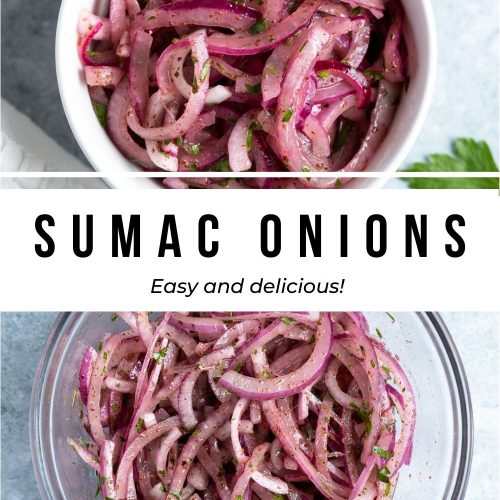 pin for easy and delicious sumac onions showing an image of the red onions being mixed with sumac and parsley, and a white bowl of the finished Turkish onions.