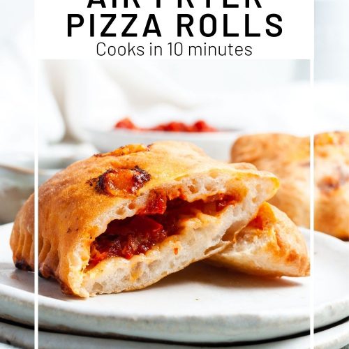 pin for 10 minutes air fryer pizza rolls, showing a cut pizza roll on a plate