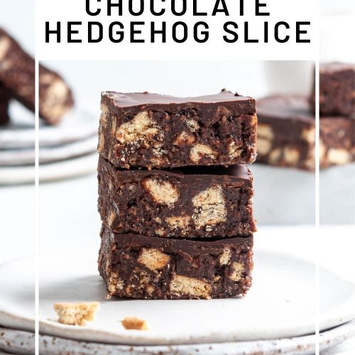 pin for no bake chocolate hedgehog slice recipe showing a stack of squares of hedgehog slice on a plate