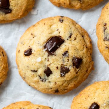overhead close up of chocolate chip cookie without brown sugar, to show the golden edges and chocolate chunks
