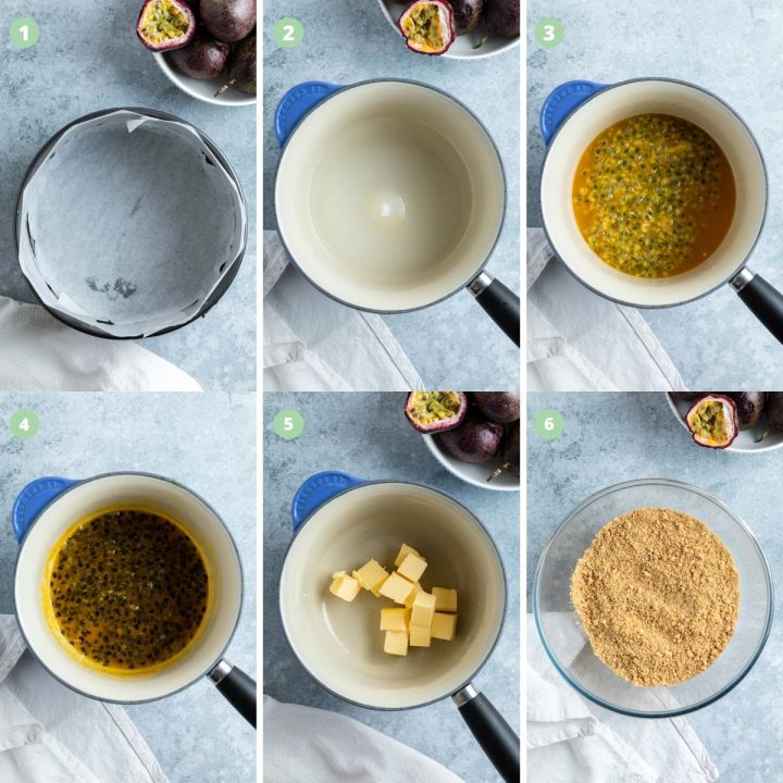collage of 6 photos showing how to make passionfruit syrup and cheesecake base