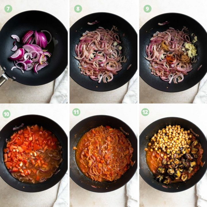 step by step images for steps 7 - 12. Making the spiced tomato onion sauce and combining it with chickpeas and eggplant / aubergine.