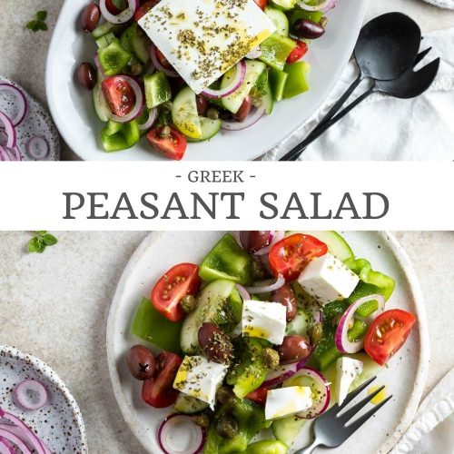 two images with text overlay to create a Pinterest pin for Greek Peasant salad
