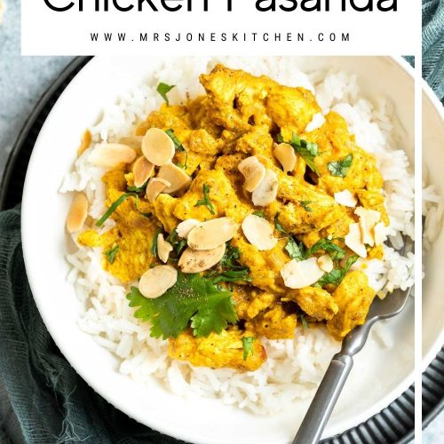 photo of curry served with rice with text overlay to make a pinterest pin