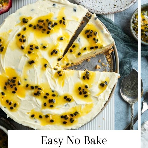 image of cheesecake with a slice cut out of it with text over to create a pin for no bake passionfruit cheesecake
