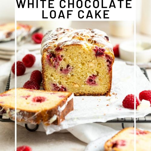 photo of raspberry loaf cake with text overlay to make a pin for Pinterest