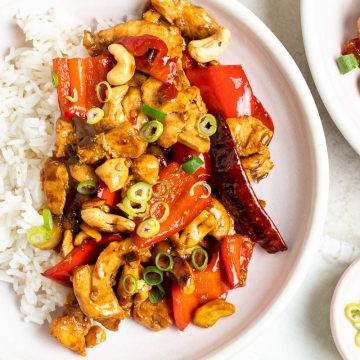 gai pad med mamuang Thai cashew chicken served with rice