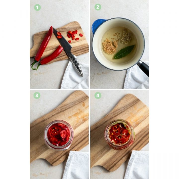 photo collage to show 4 steps of how to pickle chilli peppers