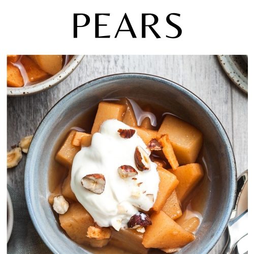 graphic with text for pinterest showing a bowl of pears
