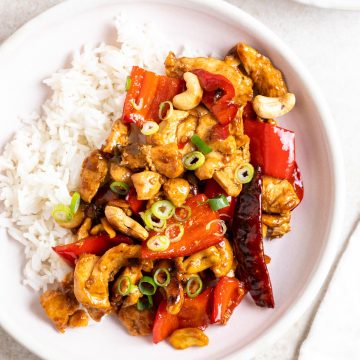 bowl of Thai cashew chicken served with rice