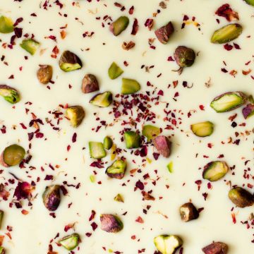 close up of white chocolate bark with pistachios and rose petals