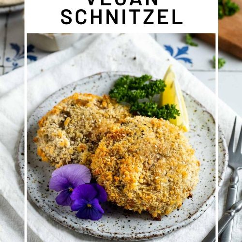 image of mushroom schnitzels on plate with text overlay to create a pin for Pinterest