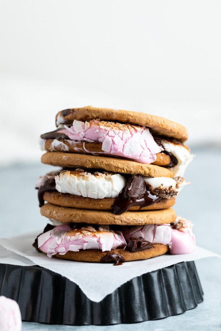 stack of grilled s'mores sandwiched with melted chocolate and marshmallows