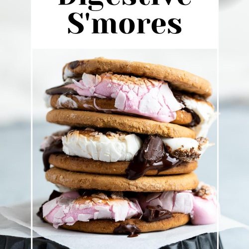 stack of s'mores with text overlay to create a pin for Pinterest for Digestive s'mores