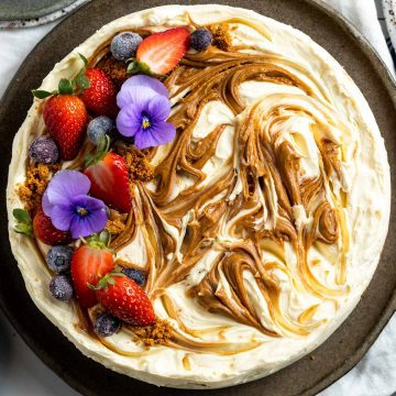 close up overhead photo of no bake Biscoff cheesecake to show the Biscoff swirl decoration