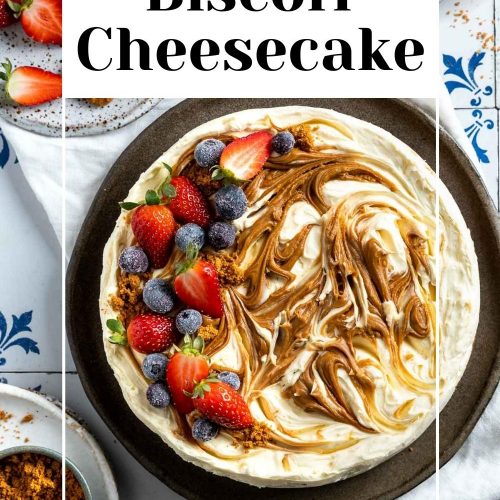 Biscoff cheesecake on a plate topped with fresh strawberries and blueberries with a text overlay to create a pin for Pinterest